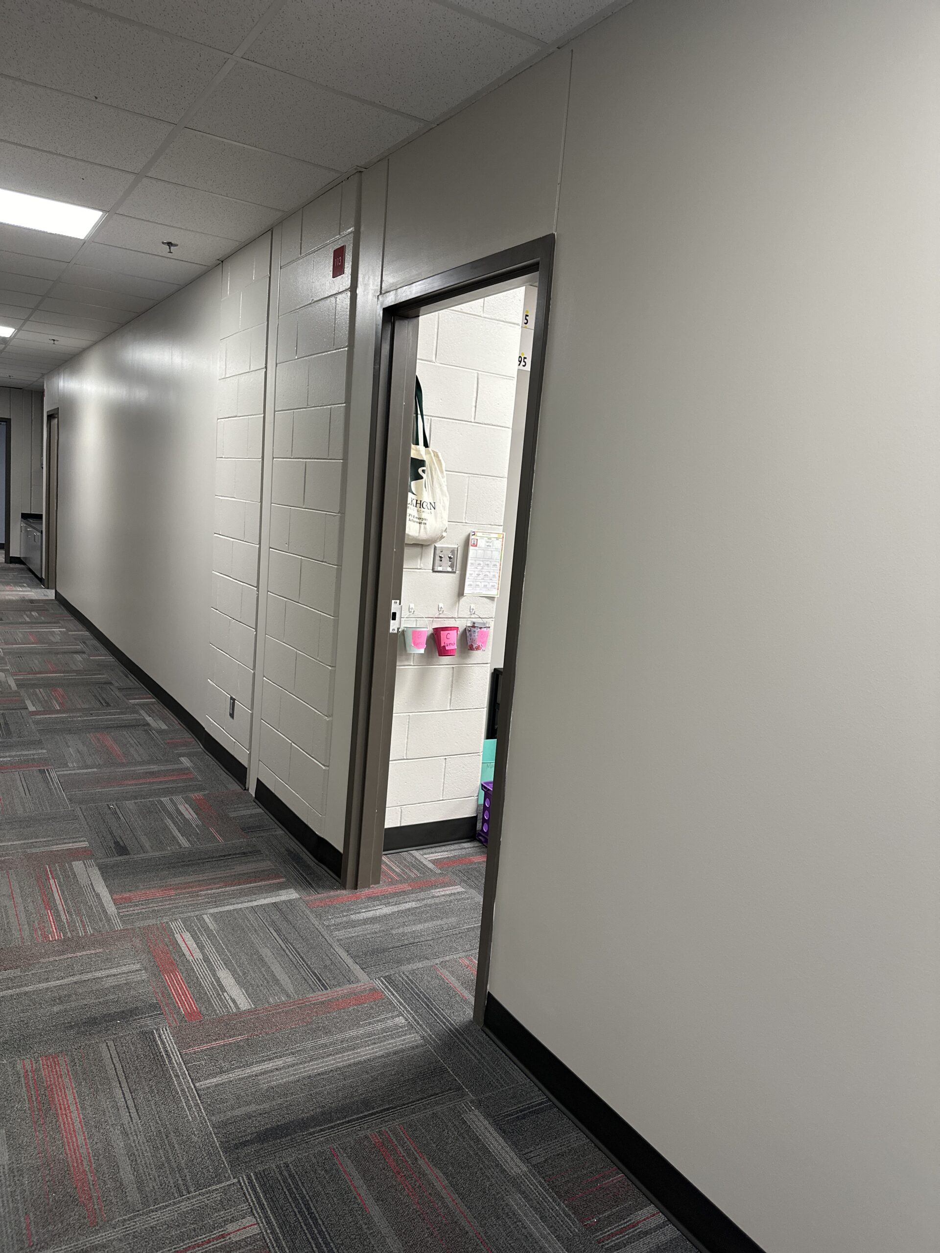 Hallway view of newly constructed classroom door