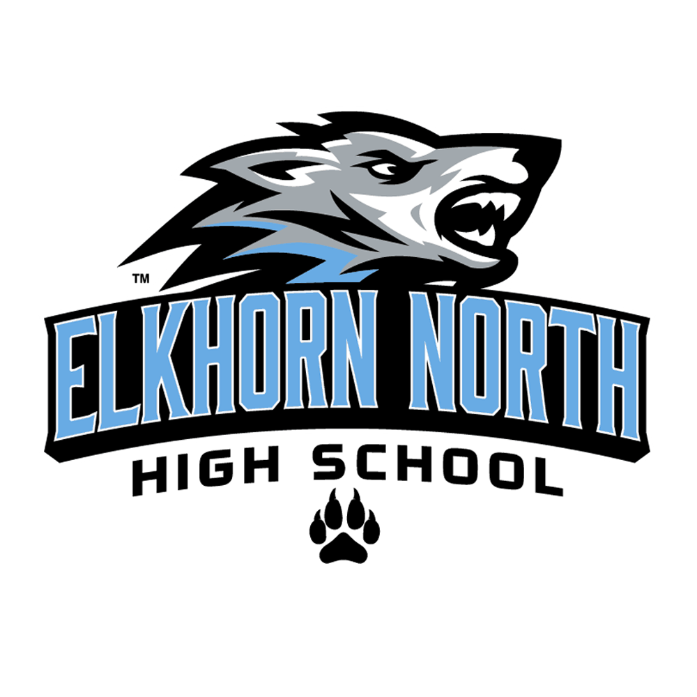 Primary logo in blue, black and gray with the words Elkhorn North High School. The wolf mascot is above the words and paw print below the words.
