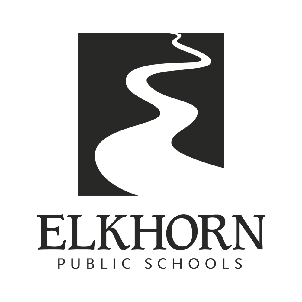 Vertical logo in black with the words Elkhorn Public School. The river logo is above the words.