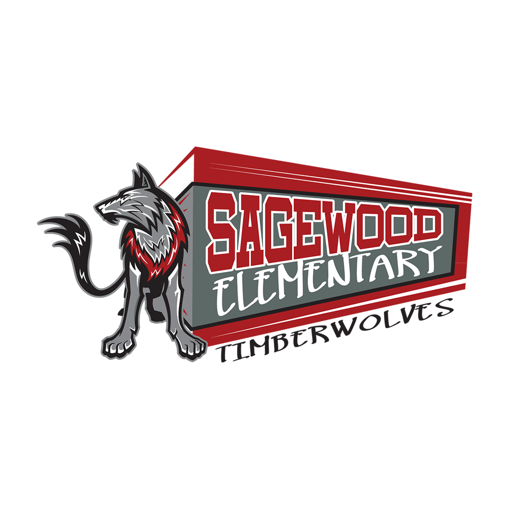 Primary logo in red, gray and black with the words Sagewood Elementary Timberwolves. The Timberwolves logo is on the left of the words.